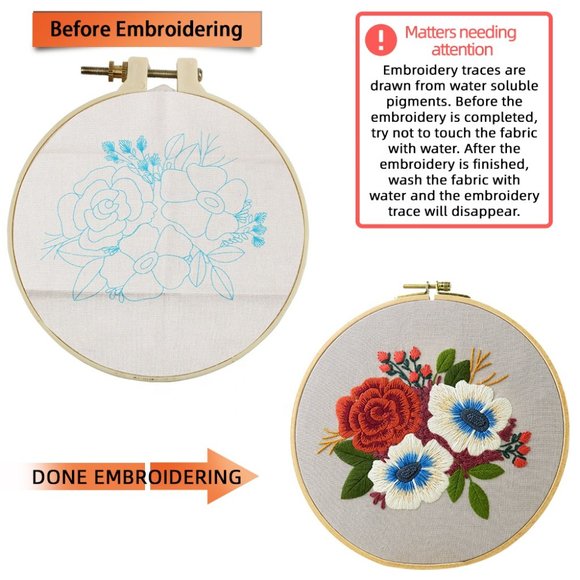 NEW Beginner Embroidery Kit w/Hoop Needlepoint Gift Red Blue White Flowers - Picture 2 of 5